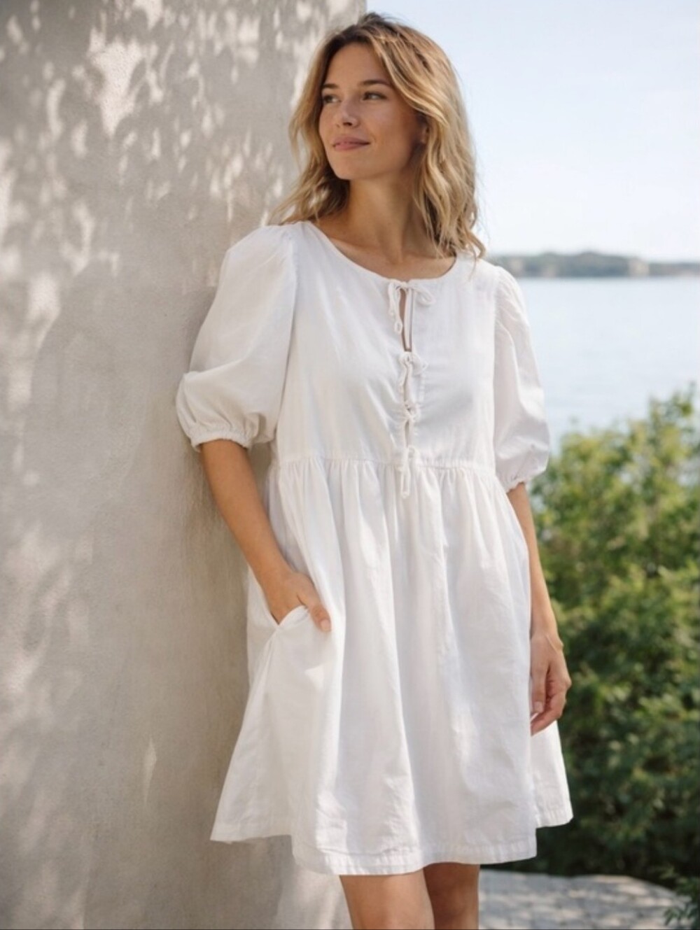LAKE White Cotton Poplin Tripe Tie Cottage Core Babydoll Dress Women's Size XL